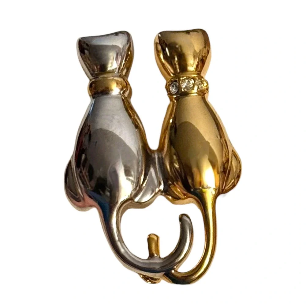 Anne Klein AK Two-Tone Cat Brooch Gold & Silver Tone‎ Rhinestone Collar Signed